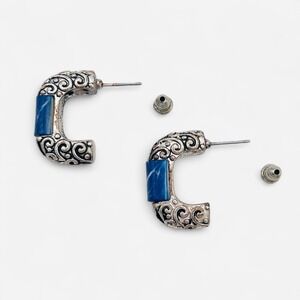 Vintage RMN Roman Earrings‎ Silver Blue Marble Post Hoop Filigree